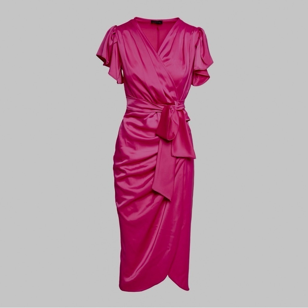 Satin Belted Ruched Slit Midi Dress - Picture 1 of 17